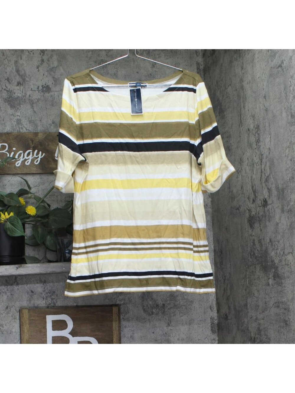 Karen Scott Womens Honolulu Rolled Sleeve Striped Top Pebble Brown 2XL